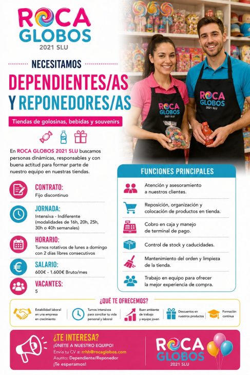 Dependientes/as y Reponedores/as Tiendas de golosinas, bebidas y souvenirs.
