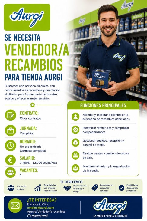 Se necesita vendedor/a recambios para tienda Aurgi