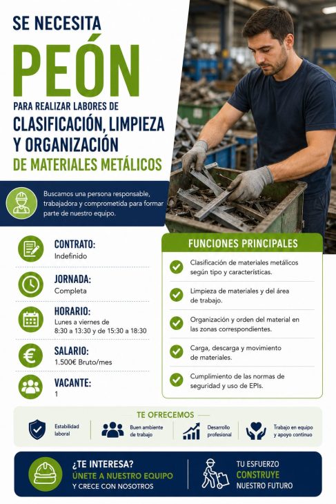 Peón para realizar labores de clasificación, limpieza y organización de materiales metálicos