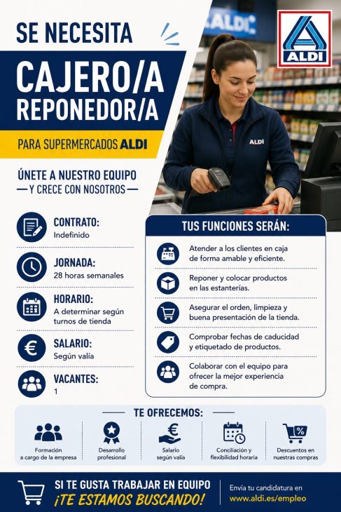 Se necesita cajero/a reponedor/a para supermercados Aldi