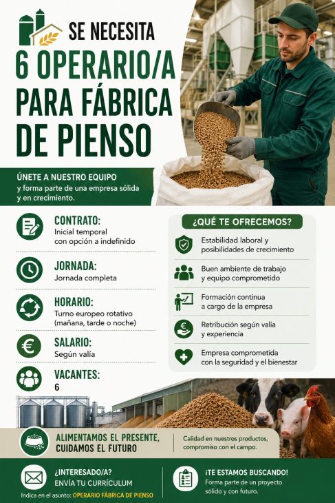 Se necesita 6 operario/a para fábrica de pienso