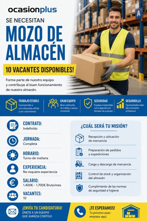 Mozo de almacén 10 vacantes disponibles