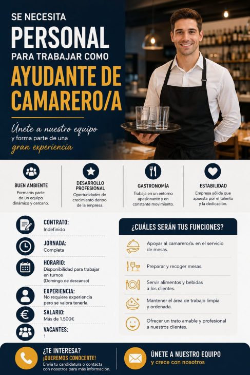 Se necesita personal para trabajar como ayudante de camarero/a