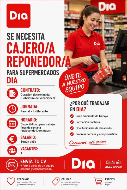 Se necesita cajero/a reponedor/a para supermercados Dia