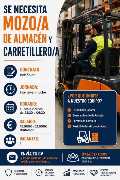 Se necesita mozo/a de almacén y carretillero/a