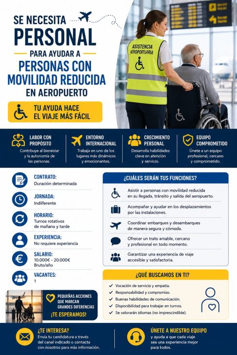 Se necesita personal para ayudar a personas con movilidad reducida en aeropuerto