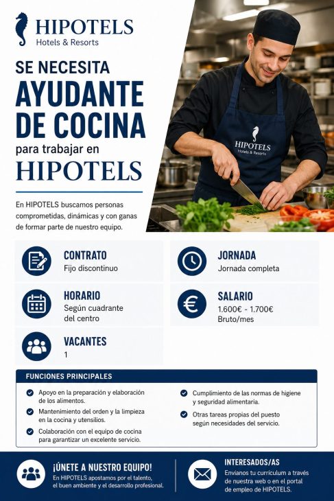 Se necesita ayudante de cocina para trabajar en HIPOTELS