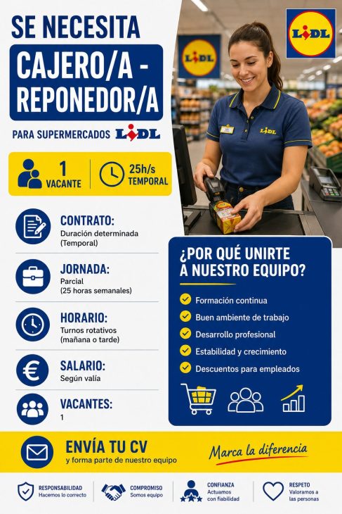 Se necesita cajero/a – reponedor/a para supermercados Lidl 25h/s Temporal