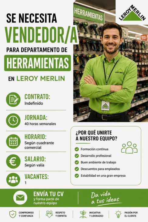 Se necesita vendedor/a para departamento de herramientas en Leroy Merlin