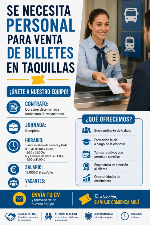 Se necesita personal para venta de billetes en taquillas