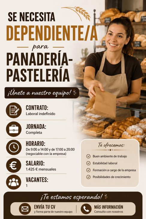 Se necesita dependiente/a para panadería-pastelería