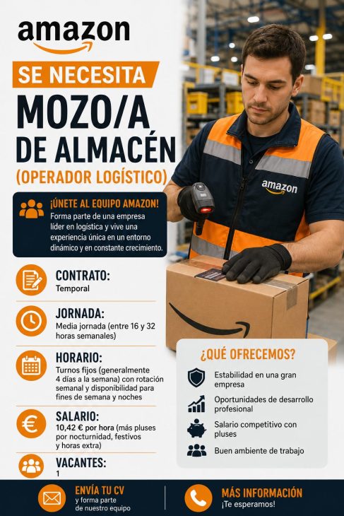 Se necesita mozo/a de almacén (Operador logístico) para Amazon
