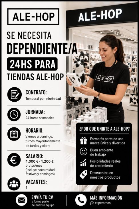 Se necesita dependiente/a 24hs para tiendas Ale-hop
