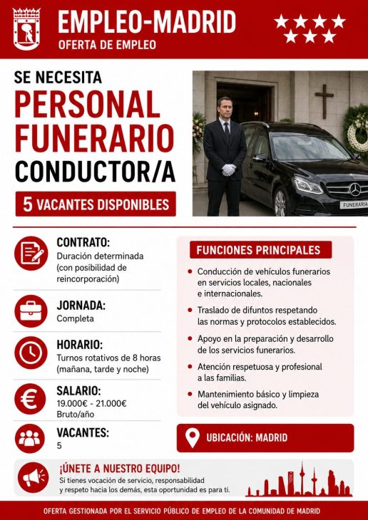Personal funerario conductor/a 5 vacantes disponibles