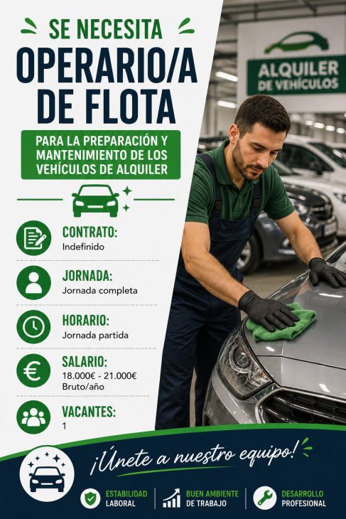 Se necesita operario/a de flota  para la preparación y mantenimiento de los vehículos de alquiler.