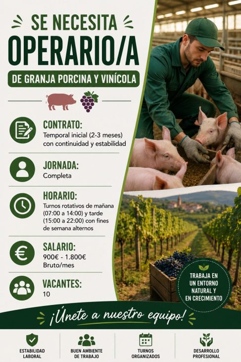 Se necesita operario/a de granja porcina y vinícola