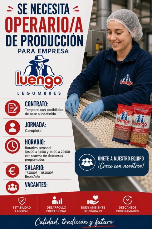 Se necesita operario/a de producción para empresa Legumbres Luengo