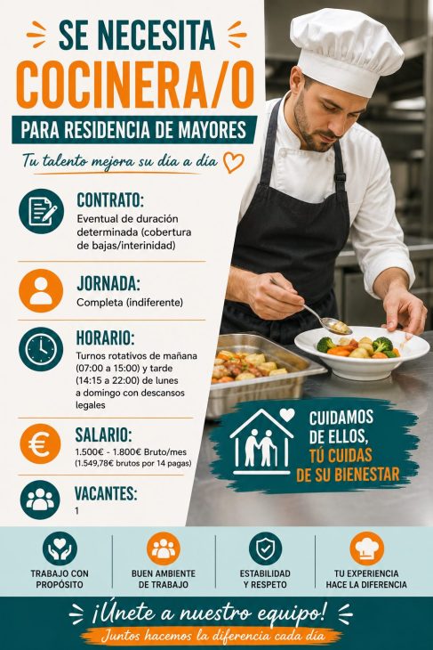 Se necesita cocinera/o para residencia de mayores