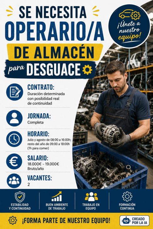 Se necesita operario/a de almacén para desguace