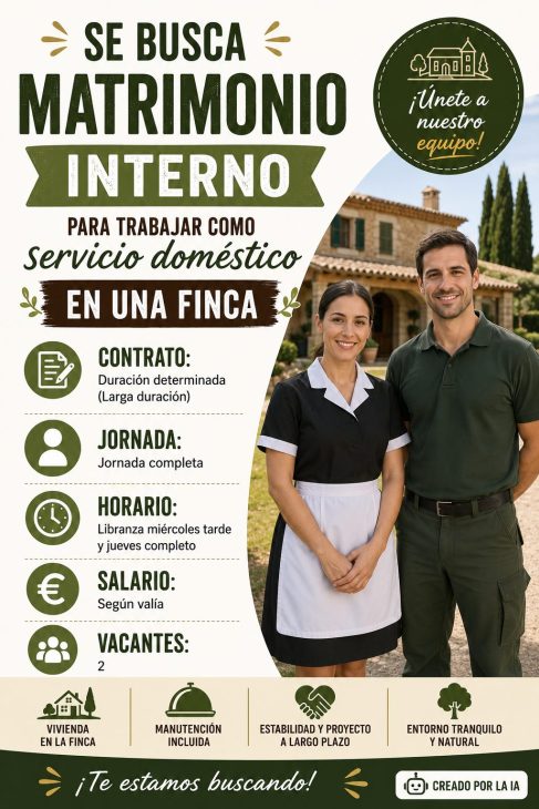 Se busca matrimonio interno para trabajar como servicio doméstico en una finca