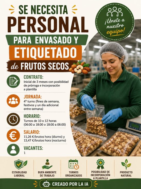 Se necesita personal para envasado y etiquetado de frutos secos