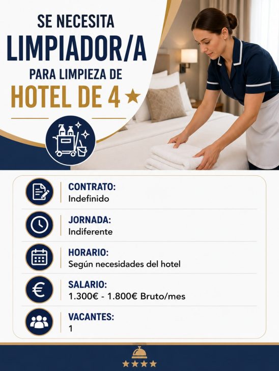 Se necesita limpiador/a para limpieza de hotel de 4⭐