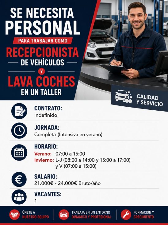 Se necesita personal para trabajar como recepcionista de vehículos y lava coches en un taller