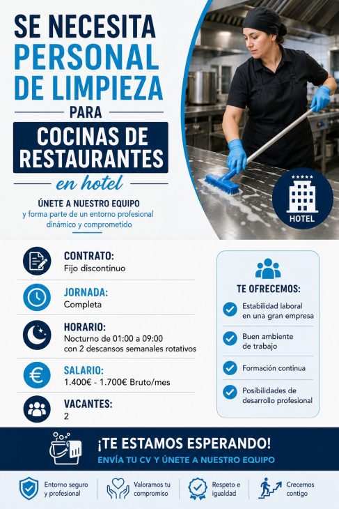 Se necesita personal de limpieza para cocinas de restaurantes en hotel.