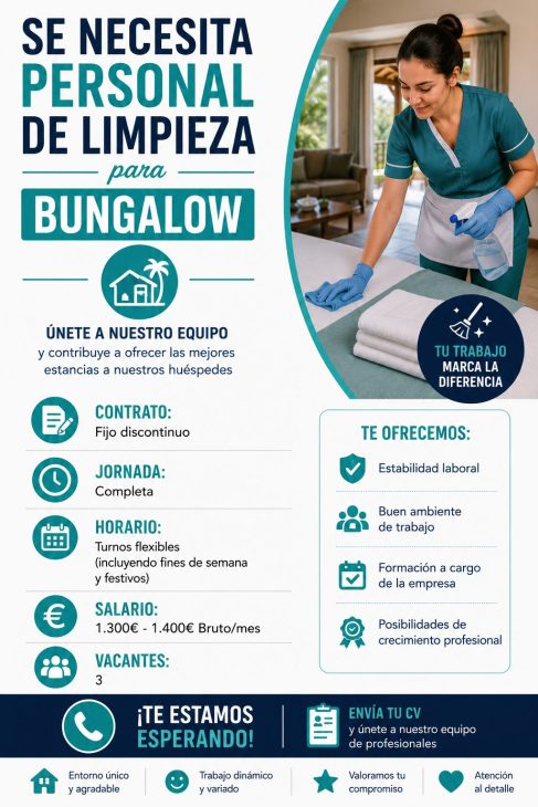 Se necesita personal de limpieza para bungalow