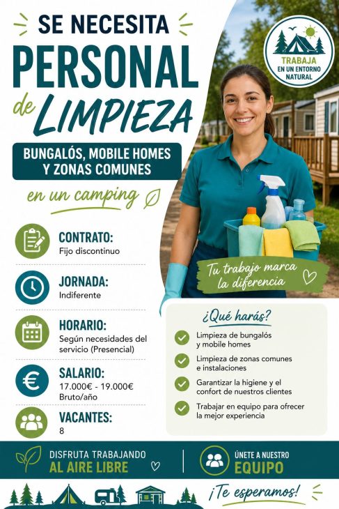 Se necesita personal de limpieza bungalós, mobile homes y zonas comunes en un un camping