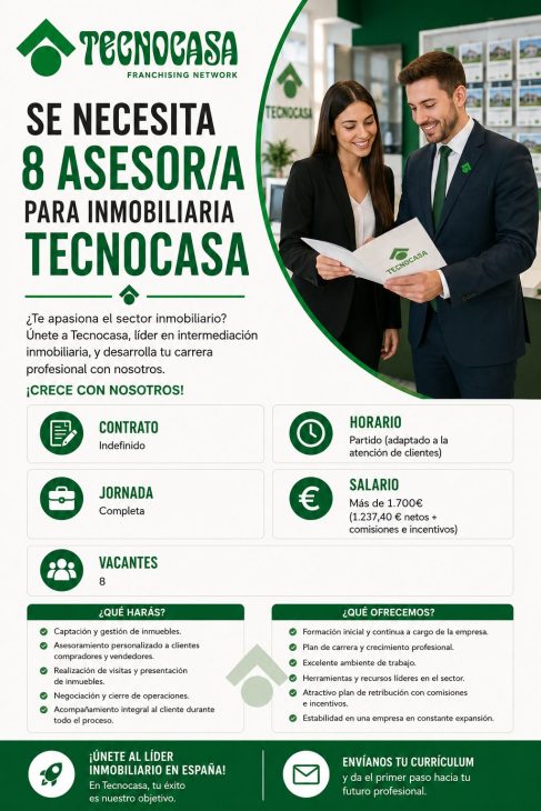 Se necesita 8 asesor/a para inmobiliaria Tecnocasa