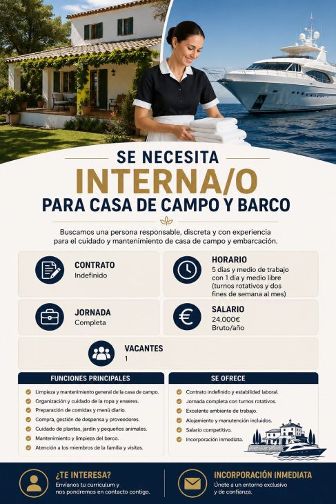Se necesita interna/o para casa de campo y barco