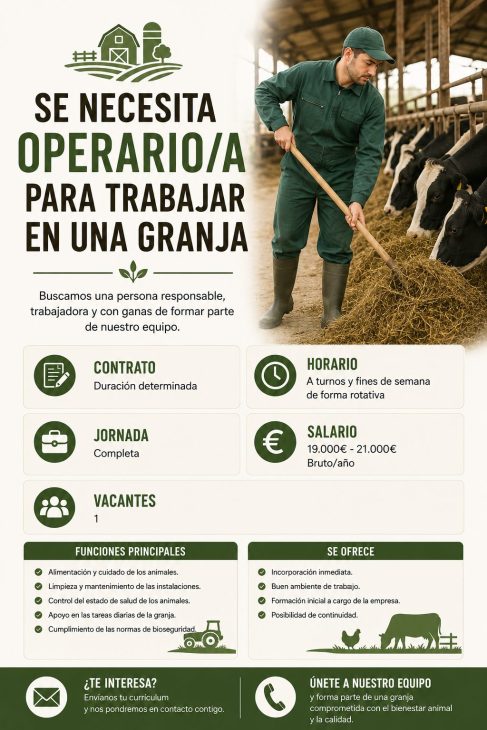 Se necesita operario/a para trabajar en una granja