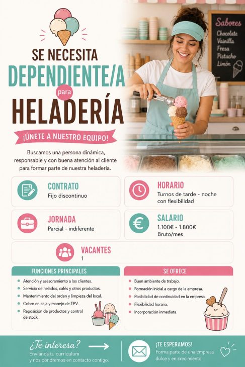 Se necesita dependiente/a para heladería