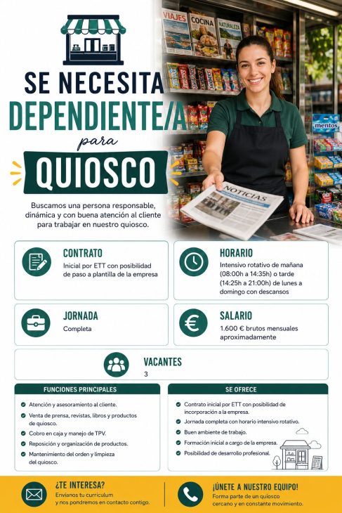 Se necesita dependiente/a para quiosco