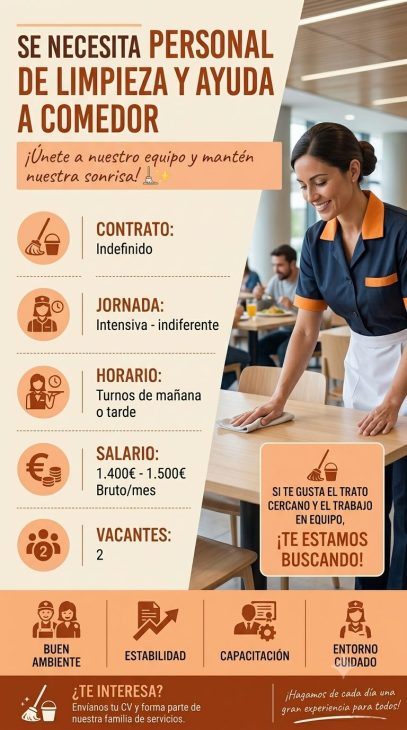 Se necesita personal de limpieza y ayuda a comedor