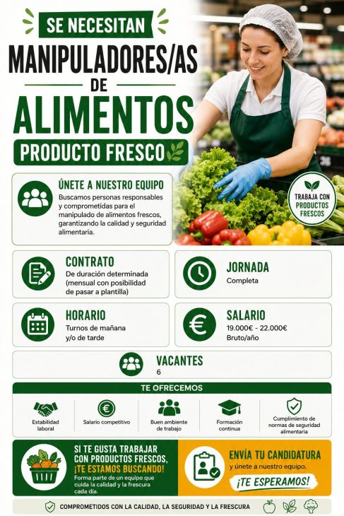 Se necesitan manipuladores/as de alimentos producto fresco
