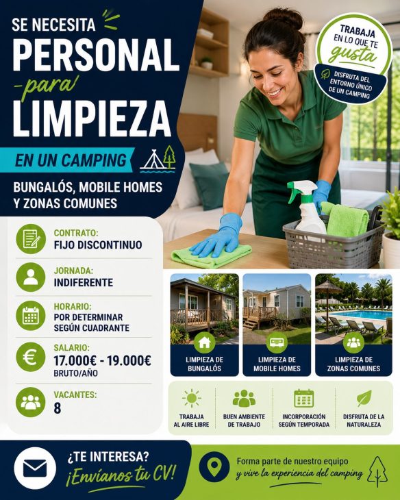 Se necesita personal para Limpieza bungalós, mobile homes y zonas comunes en un un camping