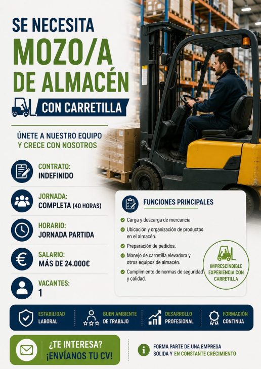Se necesita mozo/a de almacén con carretilla