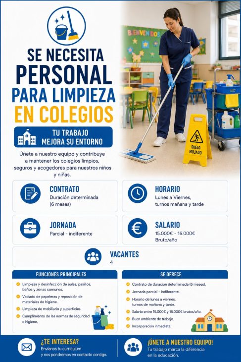 Se necesita personal para limpieza en Colegios