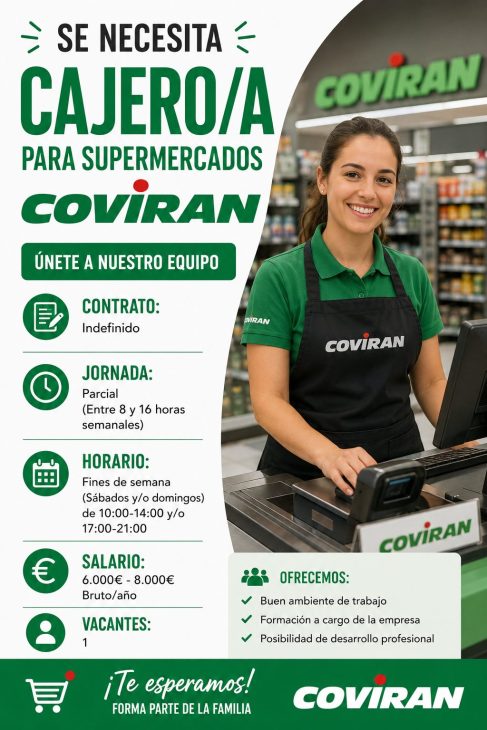 Se necesita cajero/a para supermercados Coviran