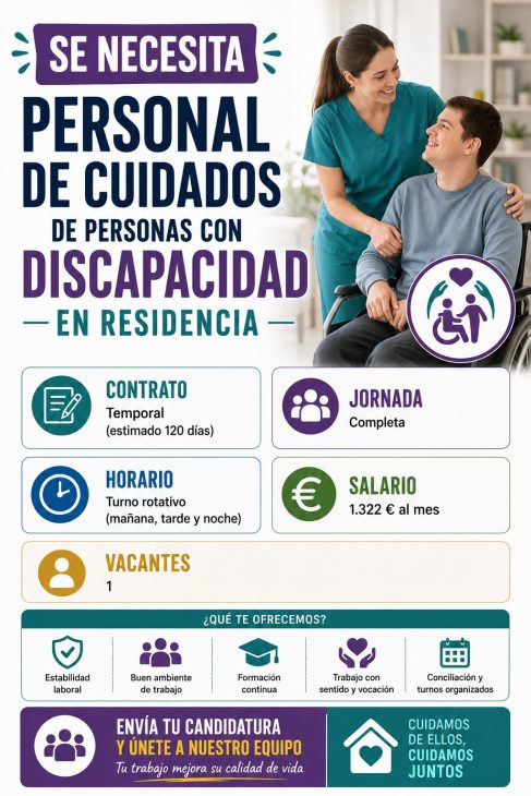 Se necesita personal de cuidados de personas con discapacidad en residencia