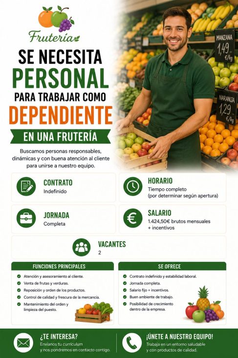 Se necesita personal para trabajar como dependiente en una frutería
