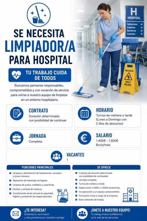 Se necesita limpiador/a para hospital
