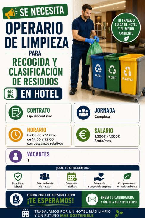 Operario de limpieza para recogida y clasificación de residuos en Hotel