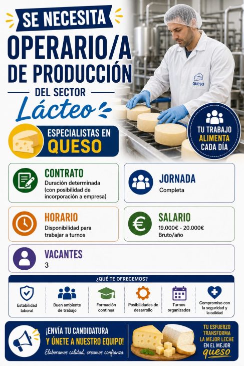 Se necesita operario/a de producción del sector lácteo