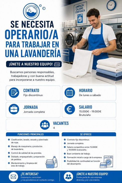 Se necesita operario/a para trabajar en una lavandería