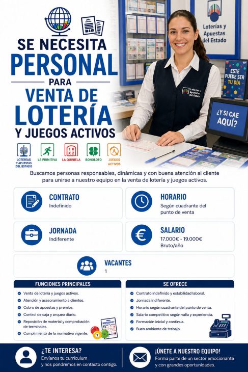 Se necesita personal para venta de lotería y juegos activos.