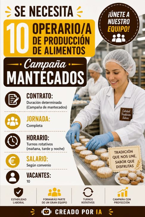 Se necesita 10 operario/a de producción de Alimentos (Campaña Mantecados)
