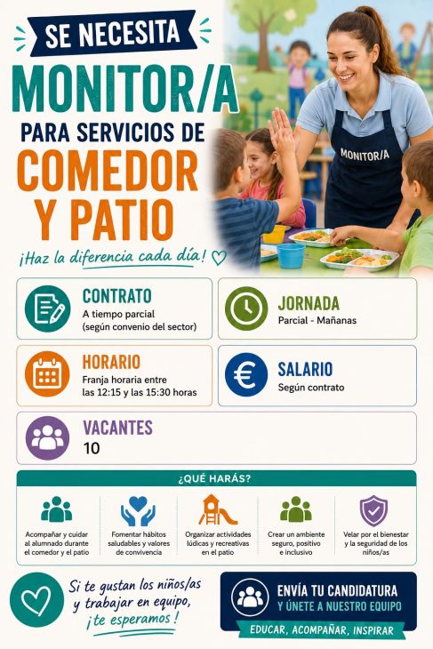 Se necesita monitor/a para servicios de comedor y patio